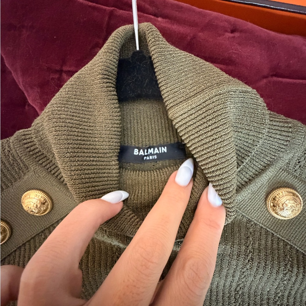 Balmain Olive Green Ribbed Turtleneck Gold Button Shoulder Sweater EU 34 - Picture 14 of 14